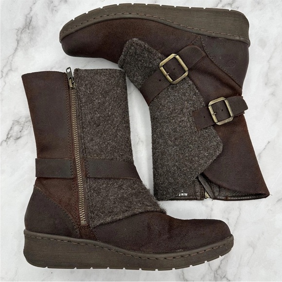 Born Boots Womens Size 7 Brown Leather Wedge Biker Mid Calf Buckle Zip F59106 - Picture 8 of 14